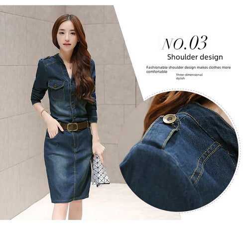 Slimming Women's Denim Dress Medium Length Short Sleeves Smooth Silhouette